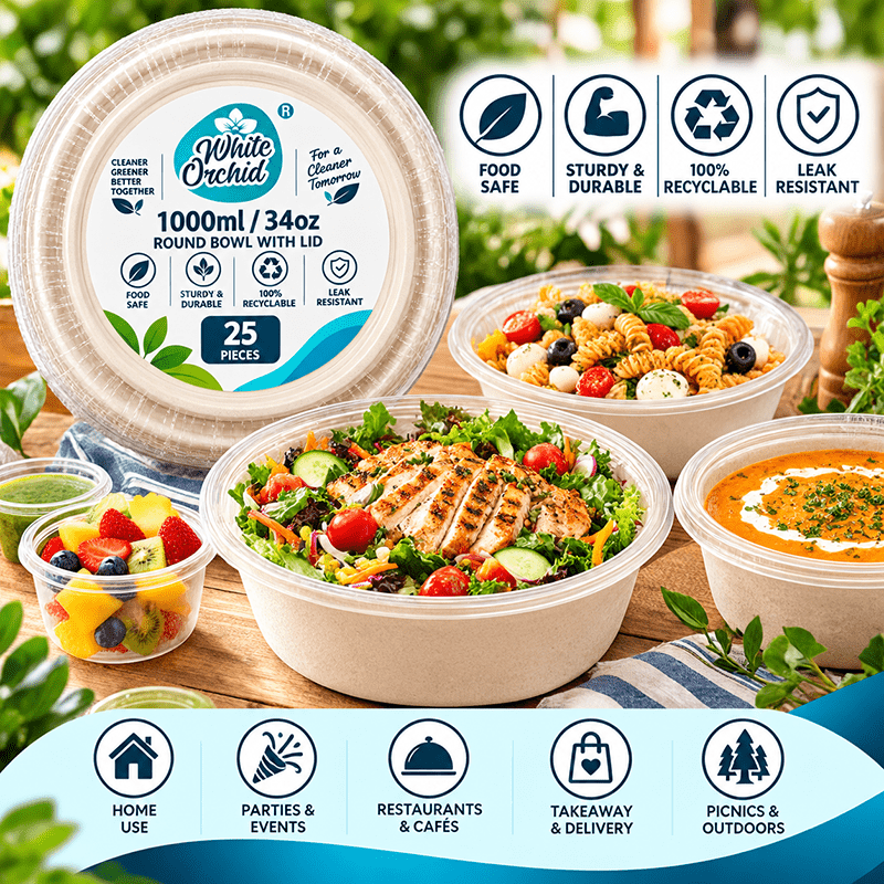 Application of Bagasse Round Container 1000 ml in hotels, restaurants and offices - White Orchid