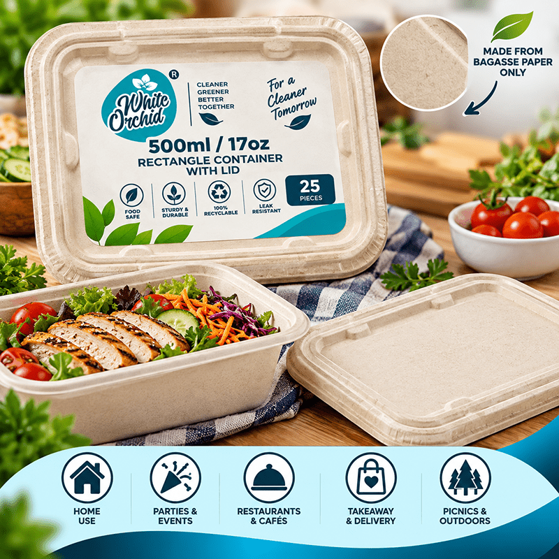 Application of Bagasse Rectangular Container 500 ml in hotels, restaurants and offices - White Orchid