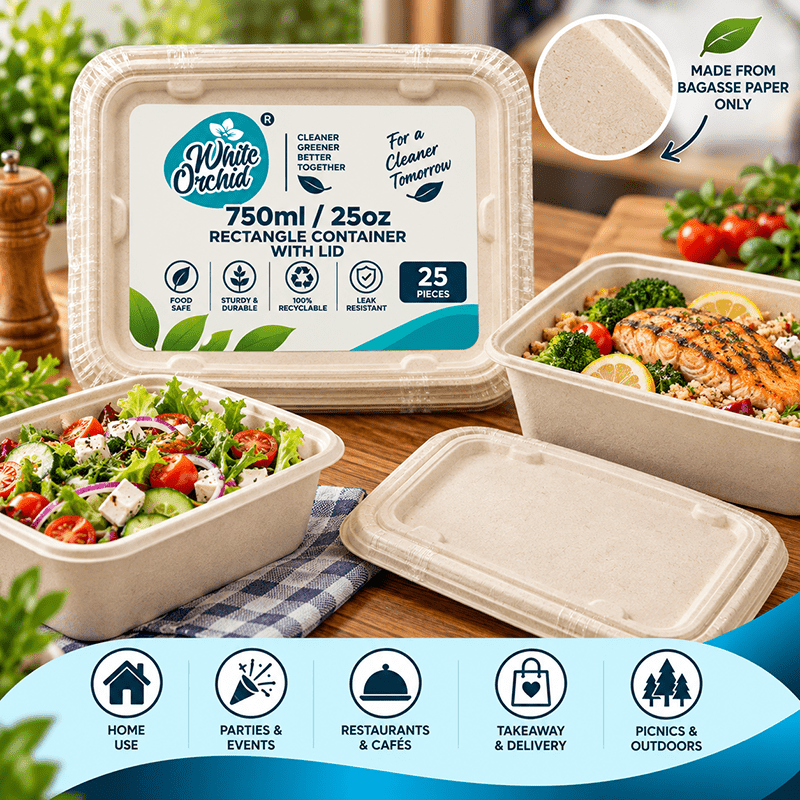 Application of Bagasse Rectangular Container 750 ml in hotels, restaurants and offices - White Orchid