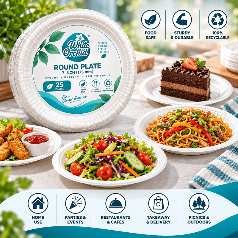 Application of Bagasse Round Plate 7 Inch in hotels, restaurants and offices - White Orchid