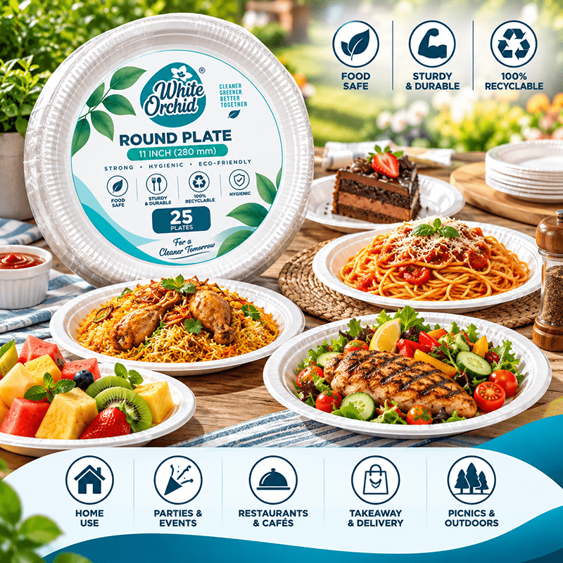Application of Bagasse Round Plate 11 Inch in hotels, restaurants and offices - White Orchid