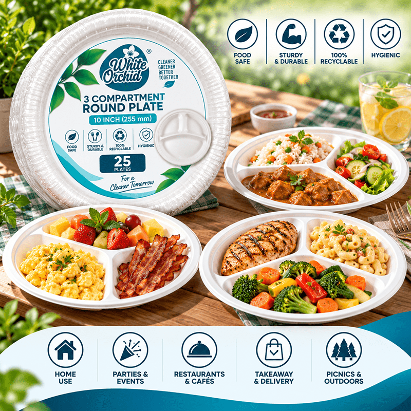 Application of Bagasse 3 Compartment Round Plate 10 Inch in hotels, restaurants and offices - White Orchid