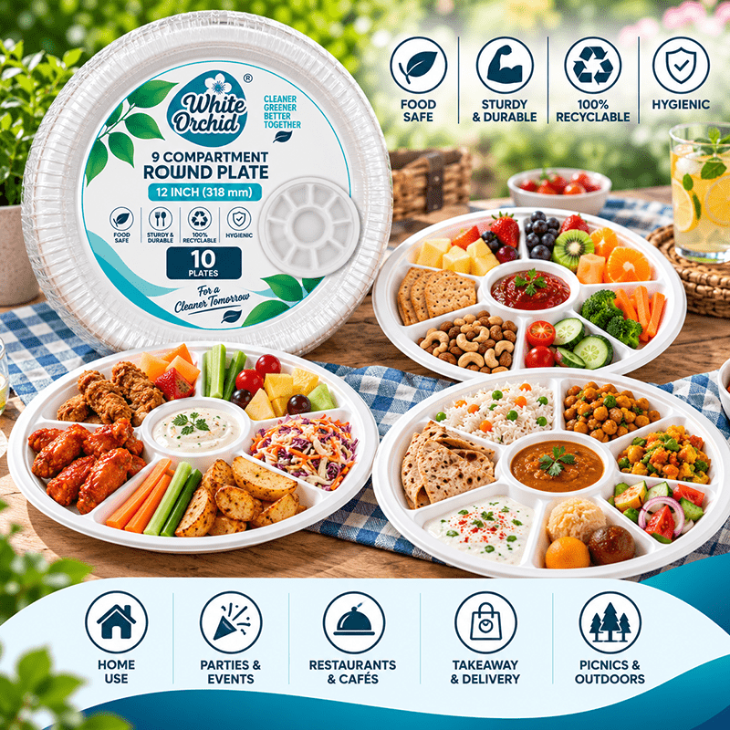 Application of Bagasse 9 Compartment Round Plate 12 Inch in hotels, restaurants and offices - White Orchid