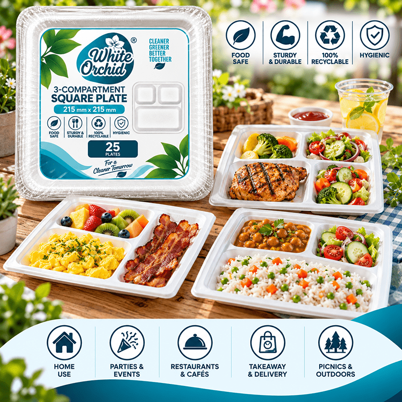 Application of Bagasse 3 Compartment Square Plate in hotels, restaurants and offices - White Orchid