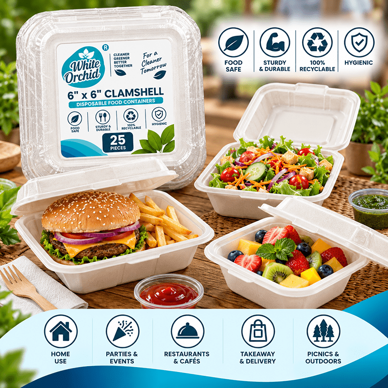 Application of Bagasse Clamshell 6 x 6 Inch in hotels, restaurants and offices - White Orchid
