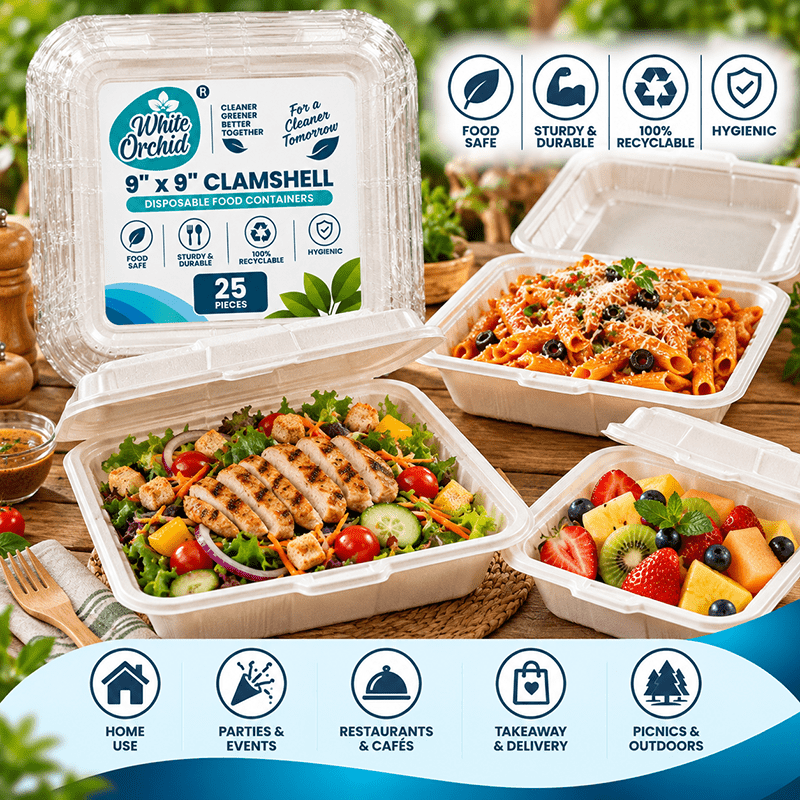 Application of Bagasse Clamshell 9 x 9 Inch in hotels, restaurants and offices - White Orchid