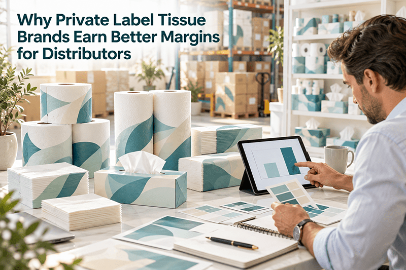 Private label tissue brand packs of toilet rolls and napkins