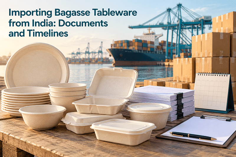 Importing bagasse tableware from India, sugarcane plates and bowls stacked