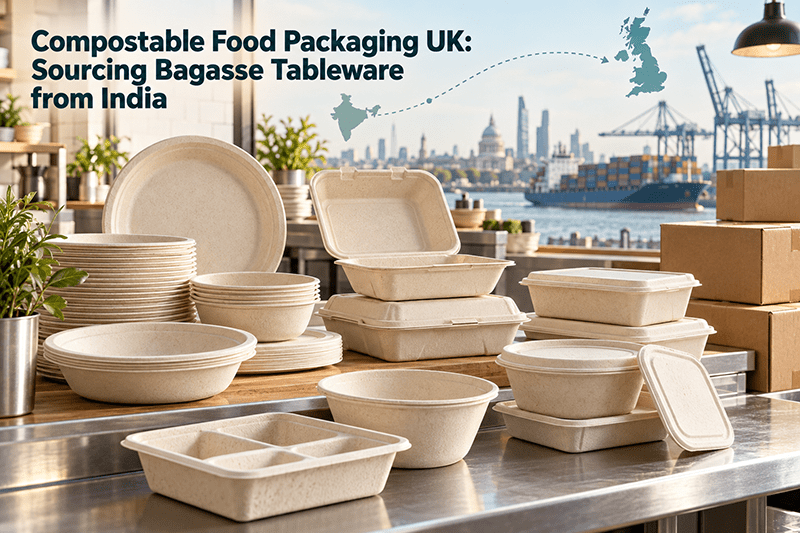 Compostable food packaging in the UK using bagasse tableware from India