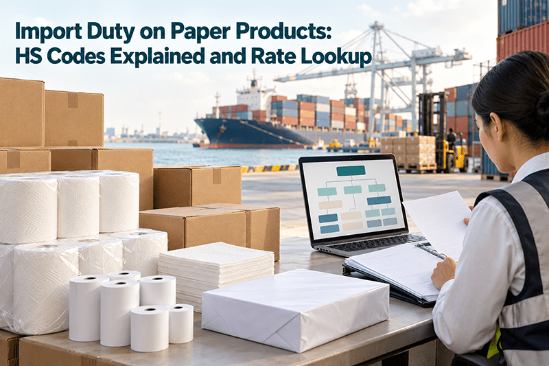 Import duty on paper products with HS code documents and tissue cartons