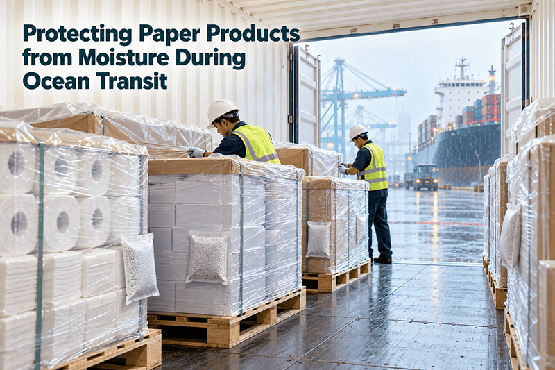 Protecting paper products from moisture with container desiccants and liners