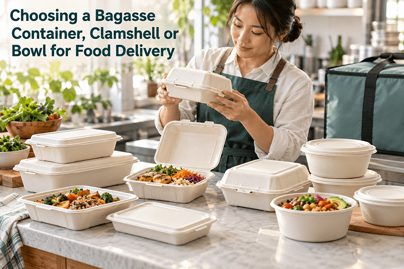 Bagasse container clamshell and bowl for food delivery and takeaway