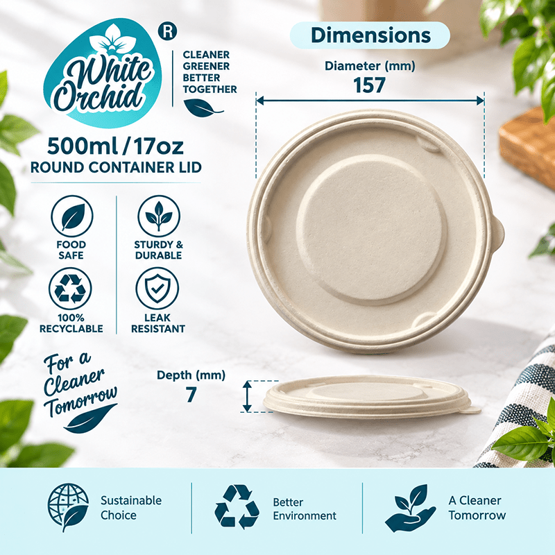 Bagasse Round Container Lid 500 ml manufacturer and exporter in Ahmedabad India - White Orchid close up