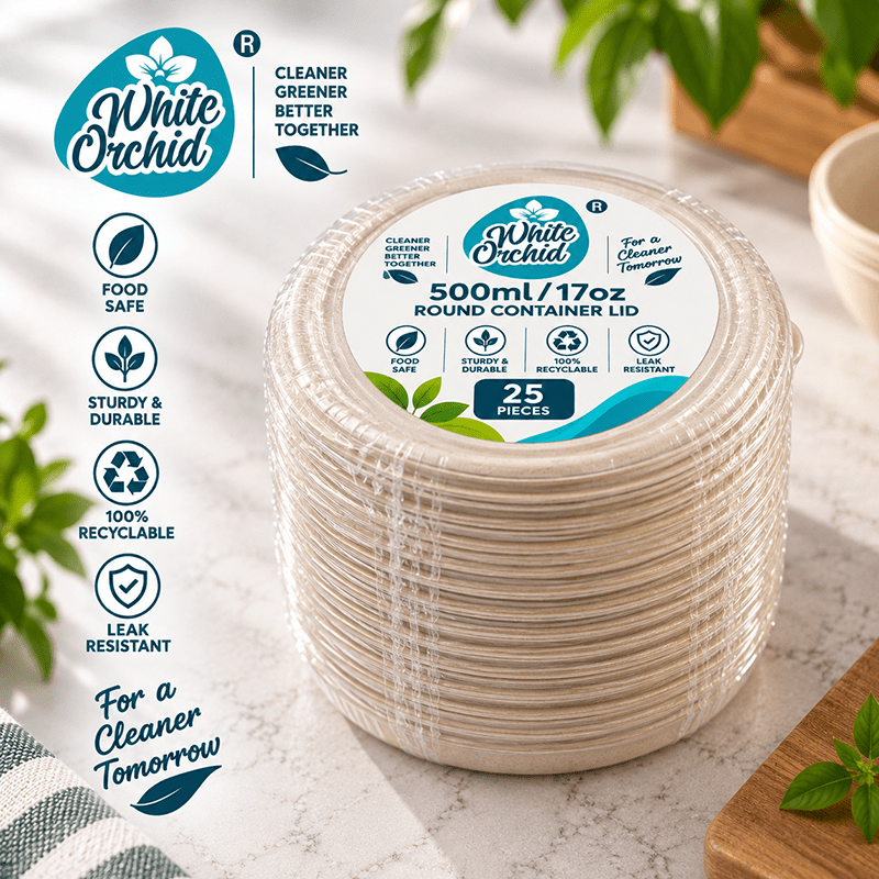 Bagasse Round Container Lid 500 ml manufacturer and exporter in Ahmedabad India - White Orchid bulk packing