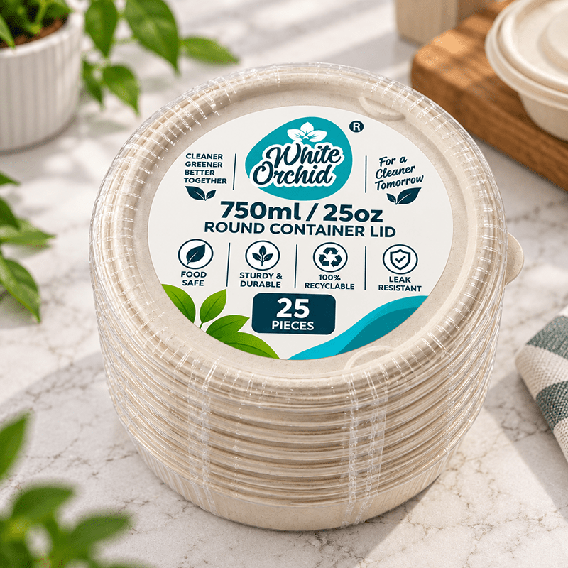 Bagasse Round Container Lid 750 ml manufacturer and exporter in Ahmedabad India - White Orchid pack view