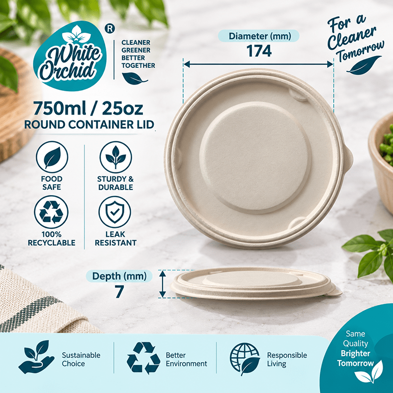 Bagasse Round Container Lid 750 ml manufacturer and exporter in Ahmedabad India - White Orchid close up