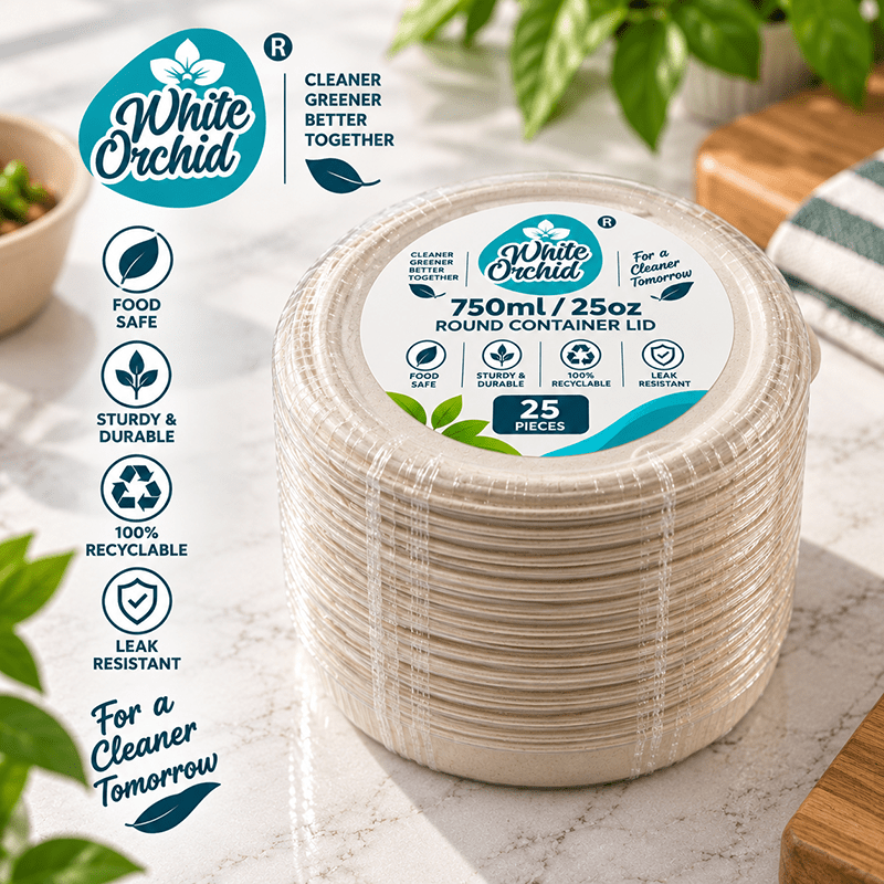 Bagasse Round Container Lid 750 ml manufacturer and exporter in Ahmedabad India - White Orchid bulk packing