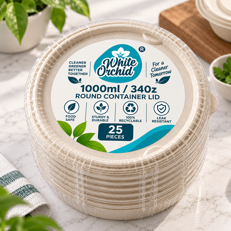 Bagasse Round Container Lid 1000 ml manufacturer and exporter in Ahmedabad India - White Orchid pack view