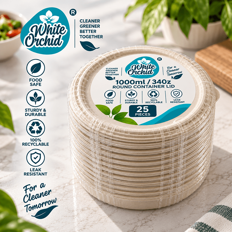 Bagasse Round Container Lid 1000 ml manufacturer and exporter in Ahmedabad India - White Orchid bulk packing