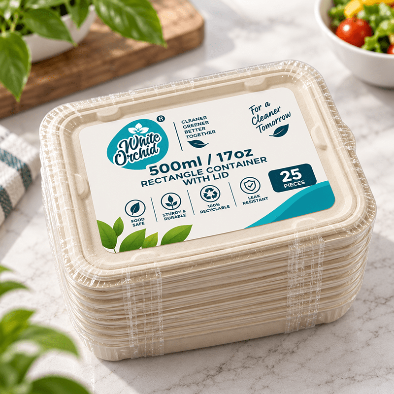 Bagasse Rectangular Container 500 ml manufacturer and exporter in Ahmedabad India - White Orchid pack view