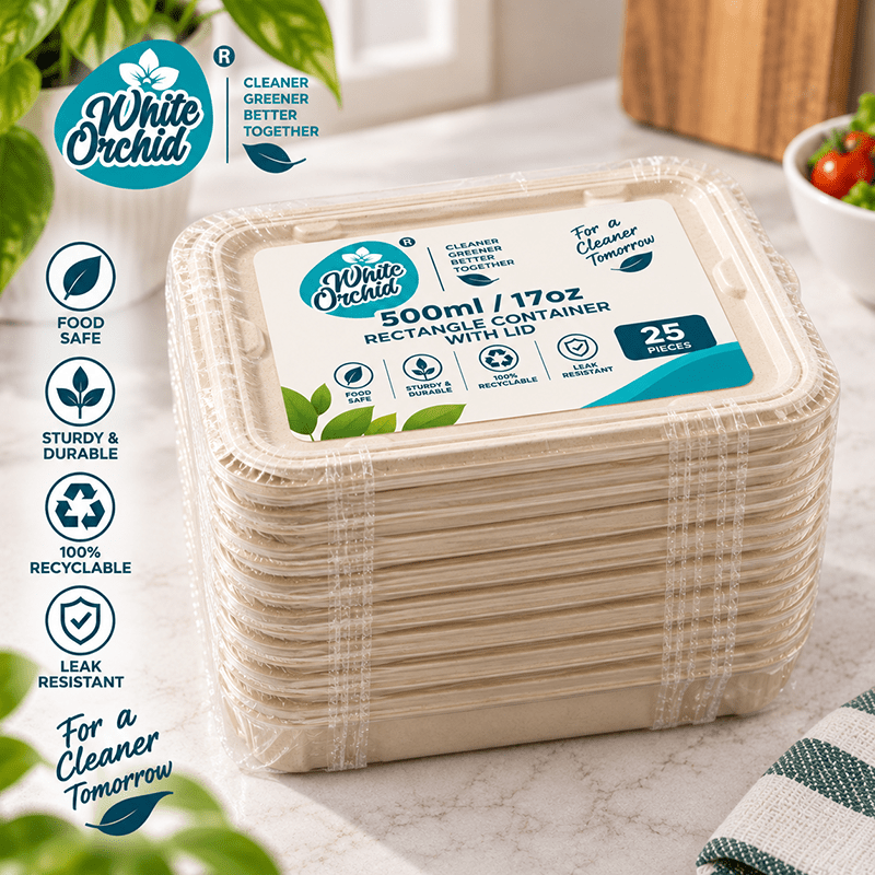 Bagasse Rectangular Container 500 ml manufacturer and exporter in Ahmedabad India - White Orchid bulk packing