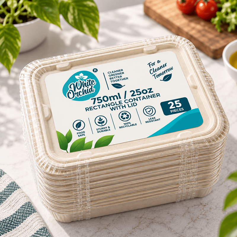Bagasse Rectangular Container 750 ml manufacturer and exporter in Ahmedabad India - White Orchid pack view