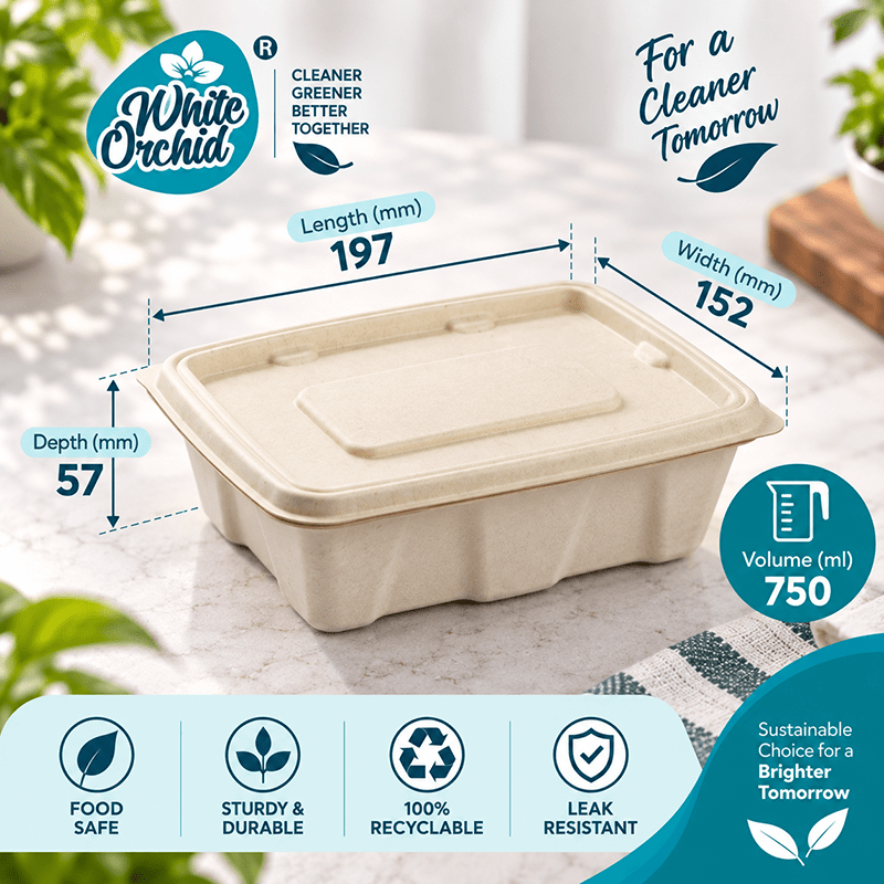 Bagasse Rectangular Container 750 ml manufacturer and exporter in Ahmedabad India - White Orchid close up