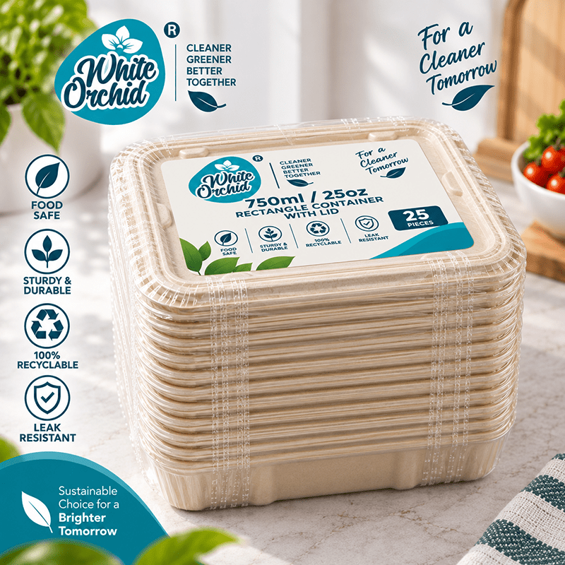 Bagasse Rectangular Container 750 ml manufacturer and exporter in Ahmedabad India - White Orchid bulk packing