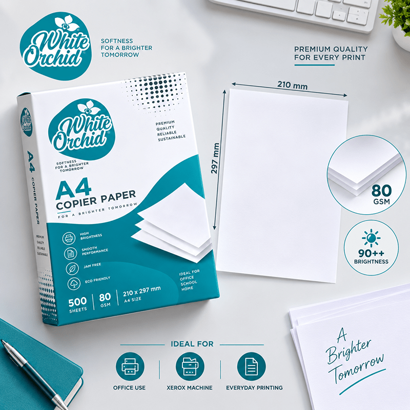 A4 Copy Paper 80 GSM manufacturer and exporter in Ahmedabad India - White Orchid close up