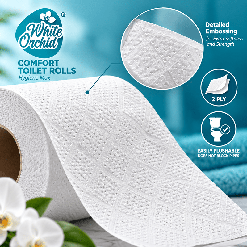 Comfort Toilet Rolls 350 manufacturer and exporter in Ahmedabad India - White Orchid bulk packing