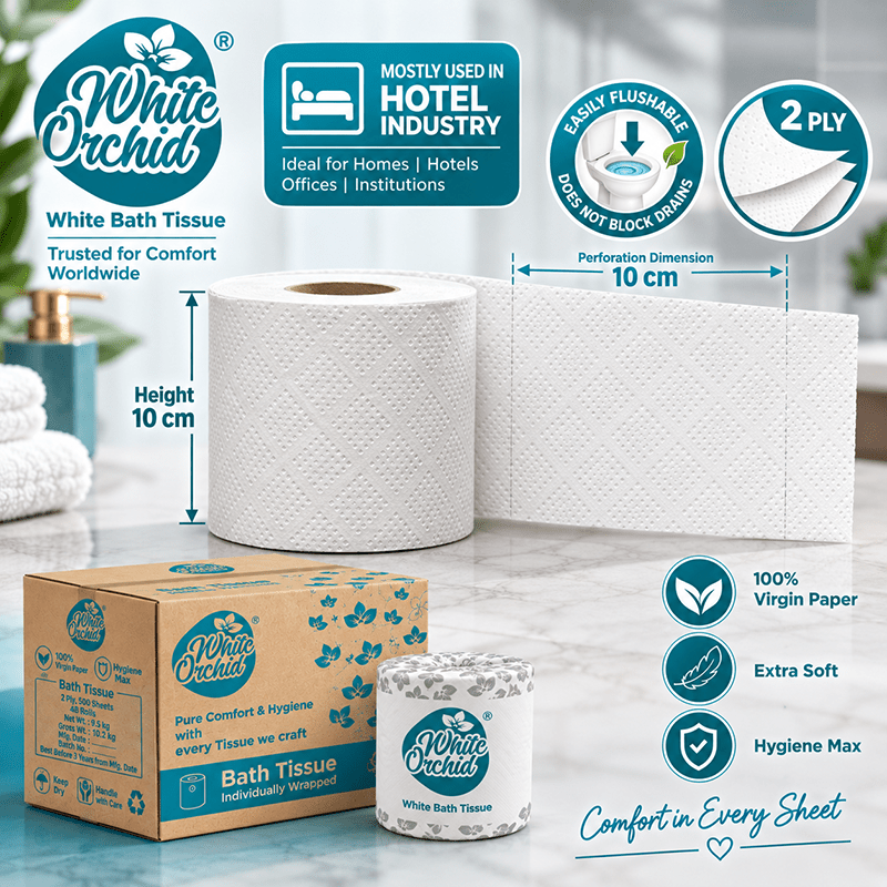 Comfort Toilet Rolls 500 manufacturer and exporter in Ahmedabad India - White Orchid bulk packing