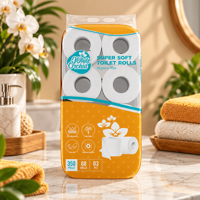 Super Soft Toilet Rolls pack of 8 rolls exporter from India to UAE - White Orchid