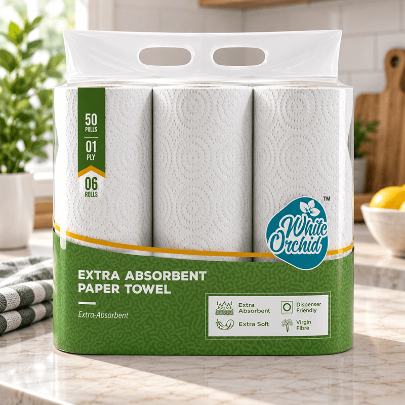 Extra Absorbent Paper Towel pack of 6 rolls exporter from India to UAE - White Orchid