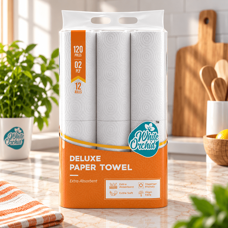 Deluxe Paper Towel pack of 12 rolls exporter from India to Saudi Arabia - White Orchid