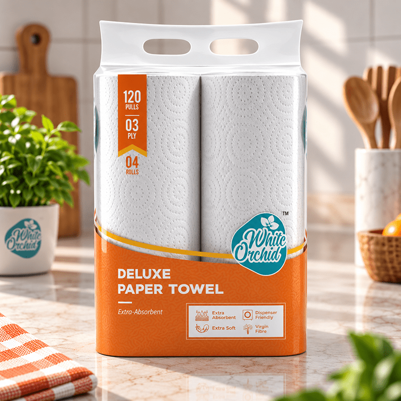 Deluxe Paper Towel pack of 4 rolls exporter from India to UK - White Orchid