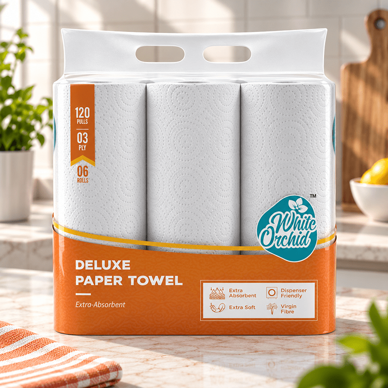 Deluxe Paper Towel pack of 6 rolls exporter from India to UAE - White Orchid