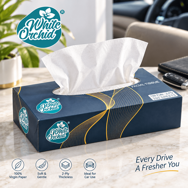 Car Tissue Box manufacturer and exporter in Ahmedabad India - White Orchid pack view