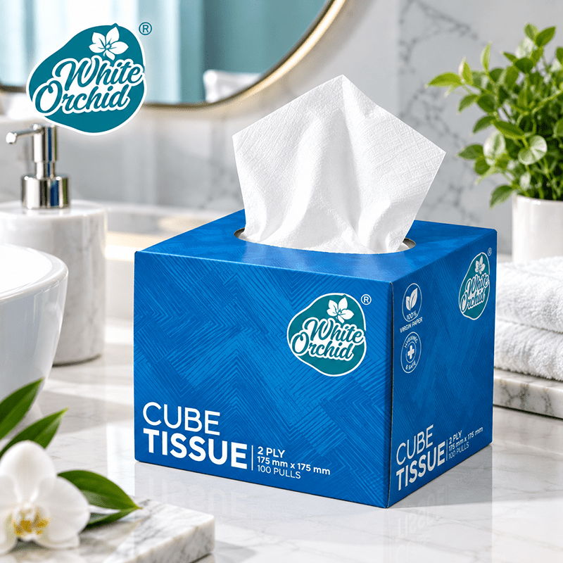 Cube Tissue Box manufacturer and exporter in Ahmedabad India - White Orchid pack view