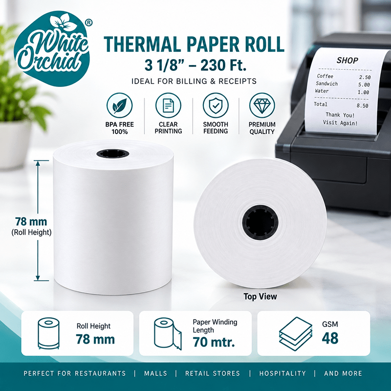 Thermal Roll 3 1/8 Inch x 230 ft manufacturer and exporter in Ahmedabad India - White Orchid close up