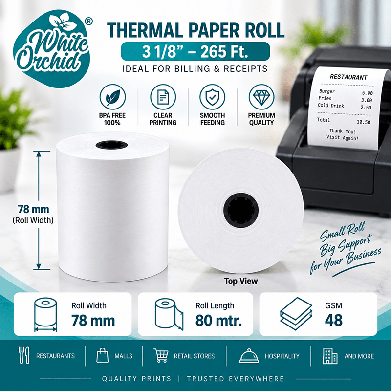 Thermal Roll 3 1/8 Inch x 265 ft manufacturer and exporter in Ahmedabad India - White Orchid close up
