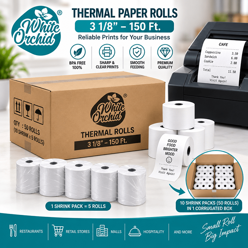 Thermal Roll 3 1/8 Inch x 150 ft manufacturer and exporter in Ahmedabad India - White Orchid product detail