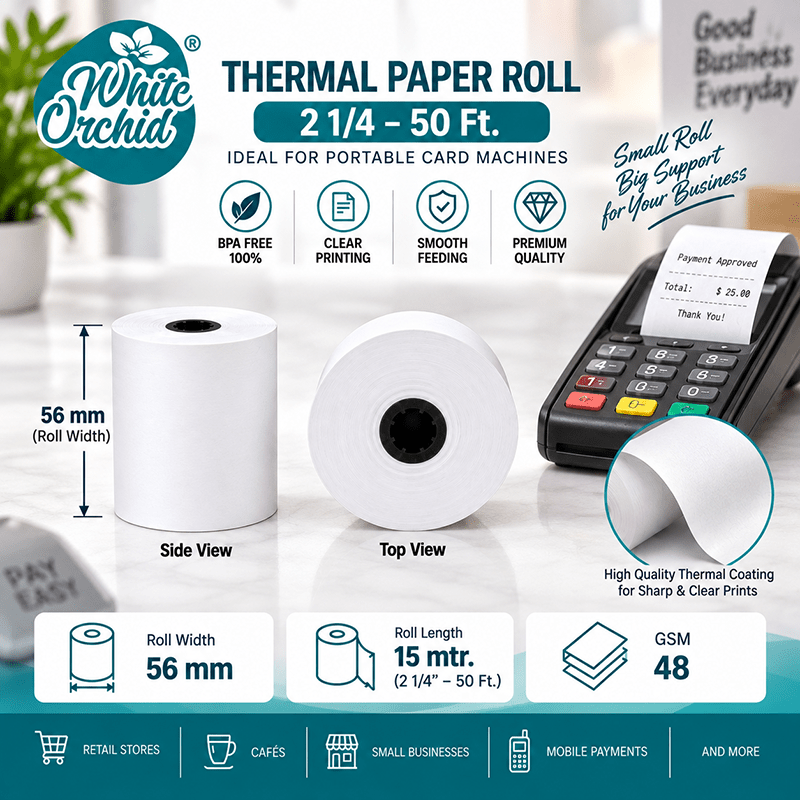 Thermal Roll 2 1/4 Inch x 50 ft manufacturer and exporter in Ahmedabad India - White Orchid close up