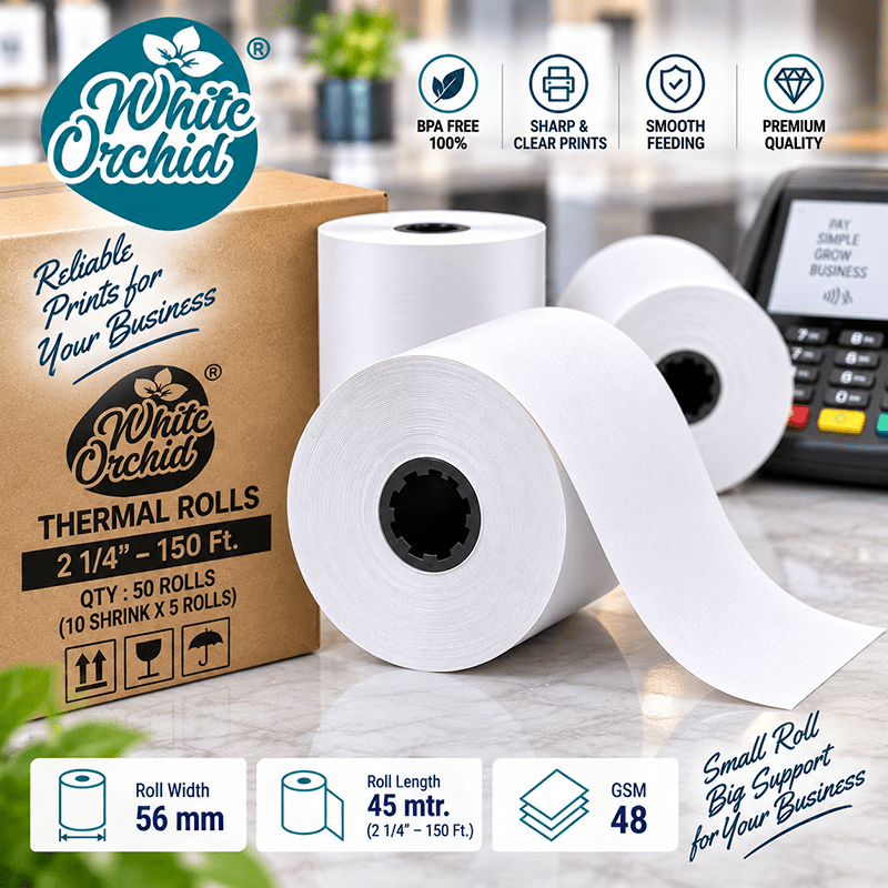 Thermal Roll 2 1/4 Inch x 150 ft manufacturer and exporter in Ahmedabad India - White Orchid bulk packing