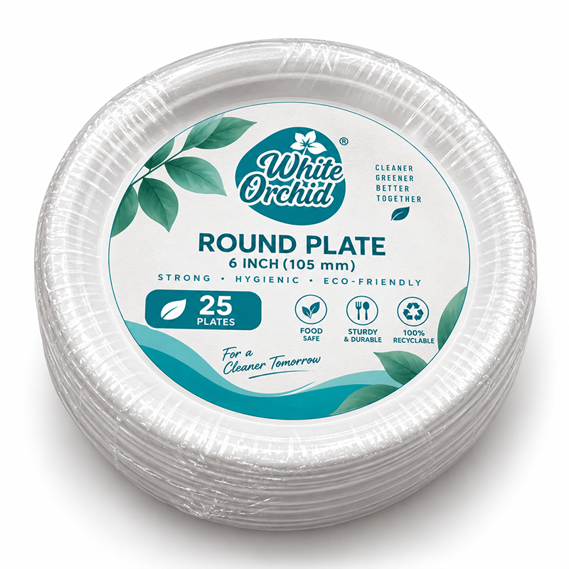 Bagasse Round Plate 6 Inch manufacturer and exporter in Ahmedabad India - White Orchid pack view