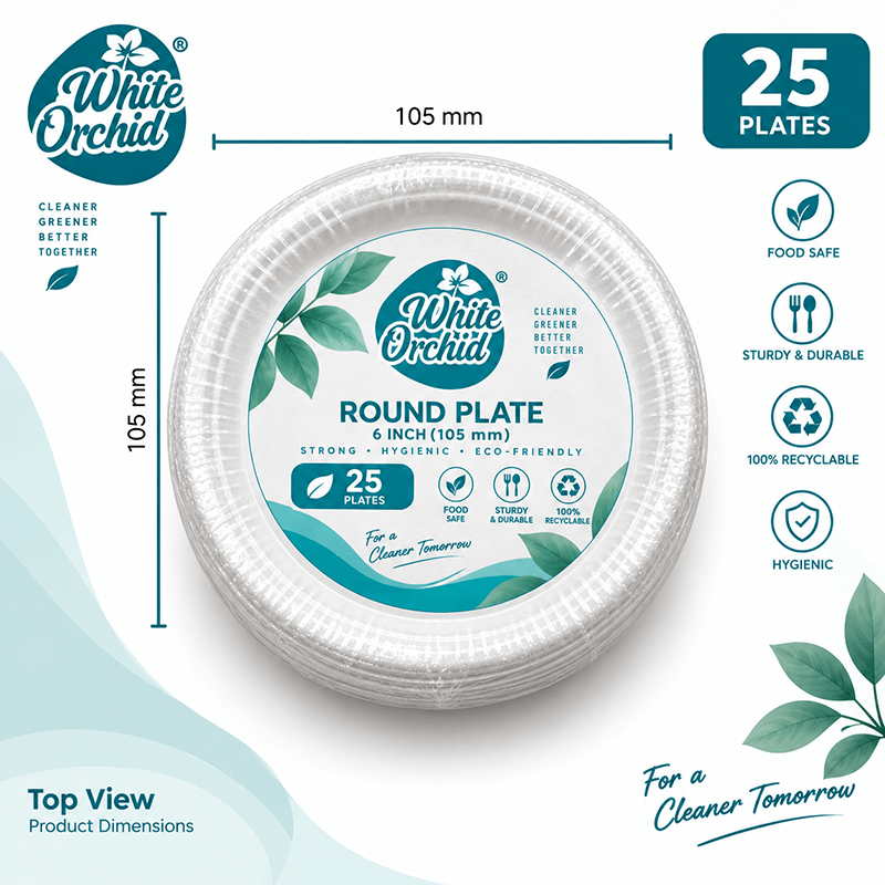 Bagasse Round Plate 6 Inch manufacturer and exporter in Ahmedabad India - White Orchid close up