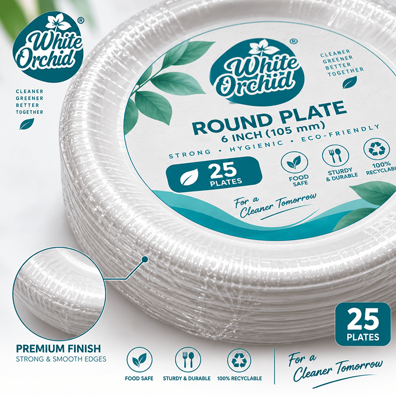 Bagasse Round Plate 6 Inch manufacturer and exporter in Ahmedabad India - White Orchid bulk packing