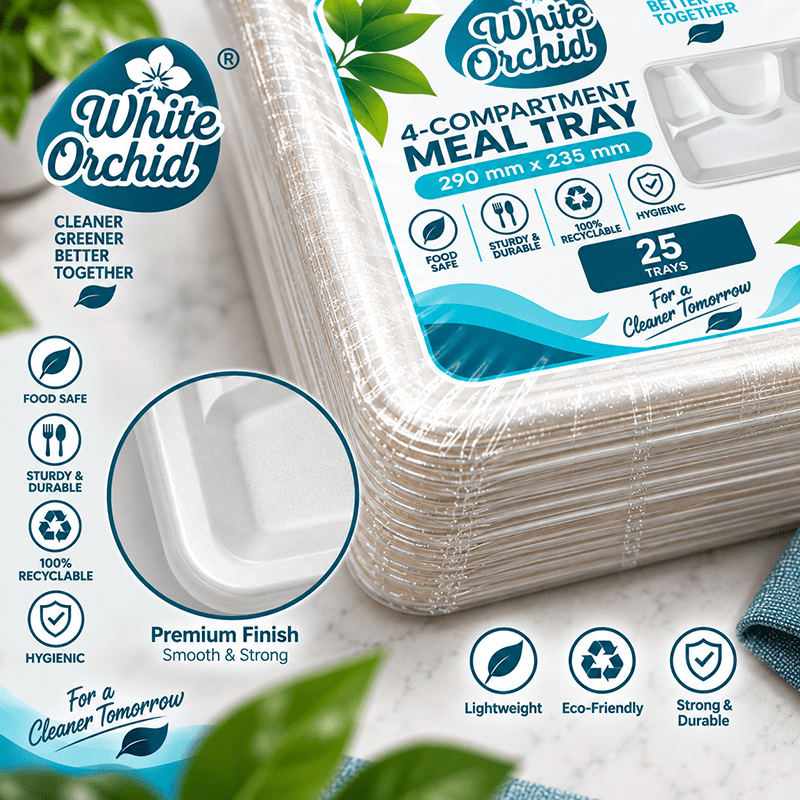 Bagasse 4 Compartment Meal Tray manufacturer and exporter in Ahmedabad India - White Orchid bulk packing