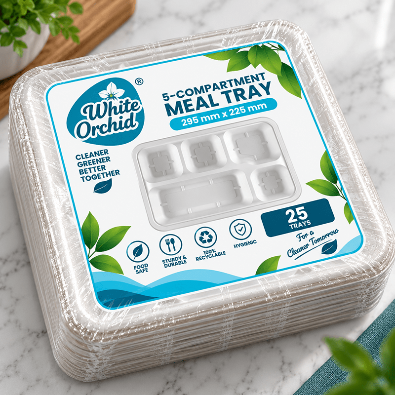 Bagasse 5 Compartment Meal Tray manufacturer and exporter in Ahmedabad India - White Orchid pack view