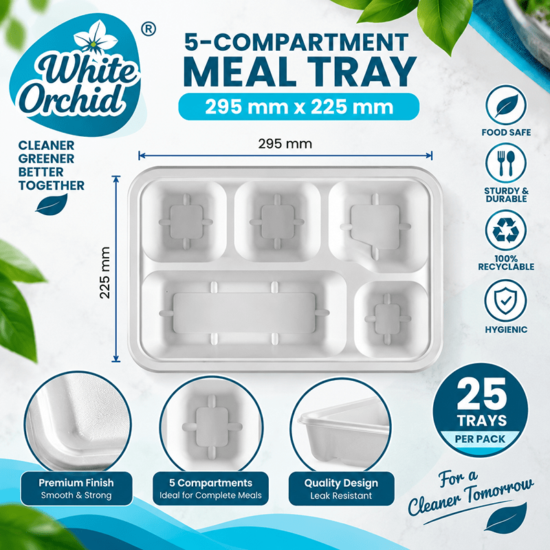 Bagasse 5 Compartment Meal Tray manufacturer and exporter in Ahmedabad India - White Orchid close up