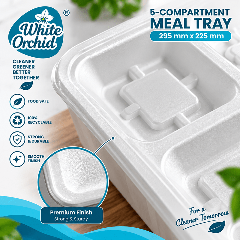 Bagasse 5 Compartment Meal Tray manufacturer and exporter in Ahmedabad India - White Orchid bulk packing